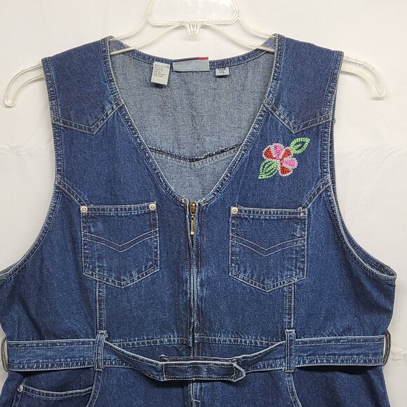 Vintage JL NY Womens Denim Midi Dress XL Sleeveless Zip Up Floral Embroidered - Picture 2 of 16